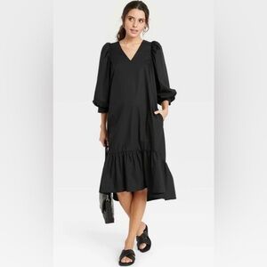 NWT A New Day Black Puff-Sleeve Midi Dress with Ruffle Hem & V Neck